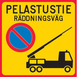 Pelastustie symbolilla FI-SV lisäkilpi liikennemerkkialumiini R1 600 x 600 mm