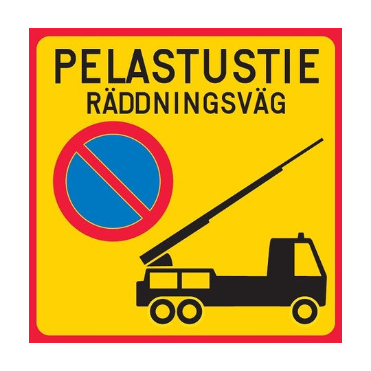 Pelastustie symbolilla FI-SV lisäkilpi liikennemerkkialumiini R1 600 x 600 mm