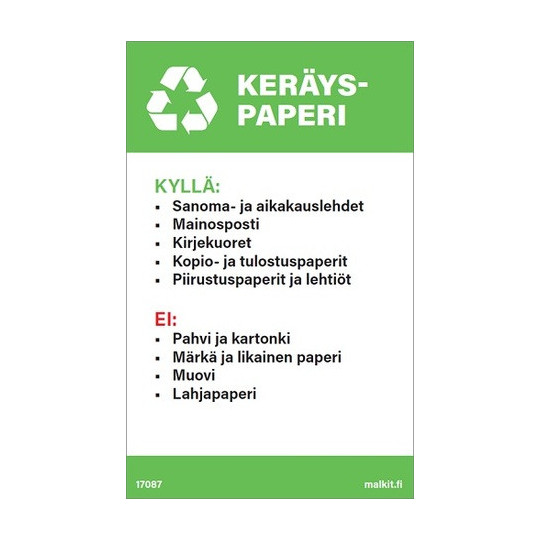 Jätelajitteluastian kansitarra Keräyspaperi 120 x 190 mm